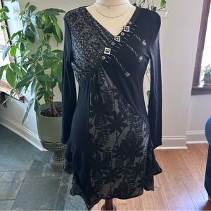 Y2K Whimsygoth Black and Gray Patchwork Long Sleeve Dress
